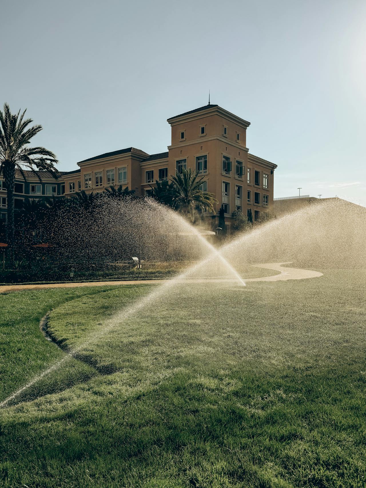 Lawn sprinkler system watering a large residential yard, illustrating sprinkler coverage in a drip irrigation vs sprinklers comparison