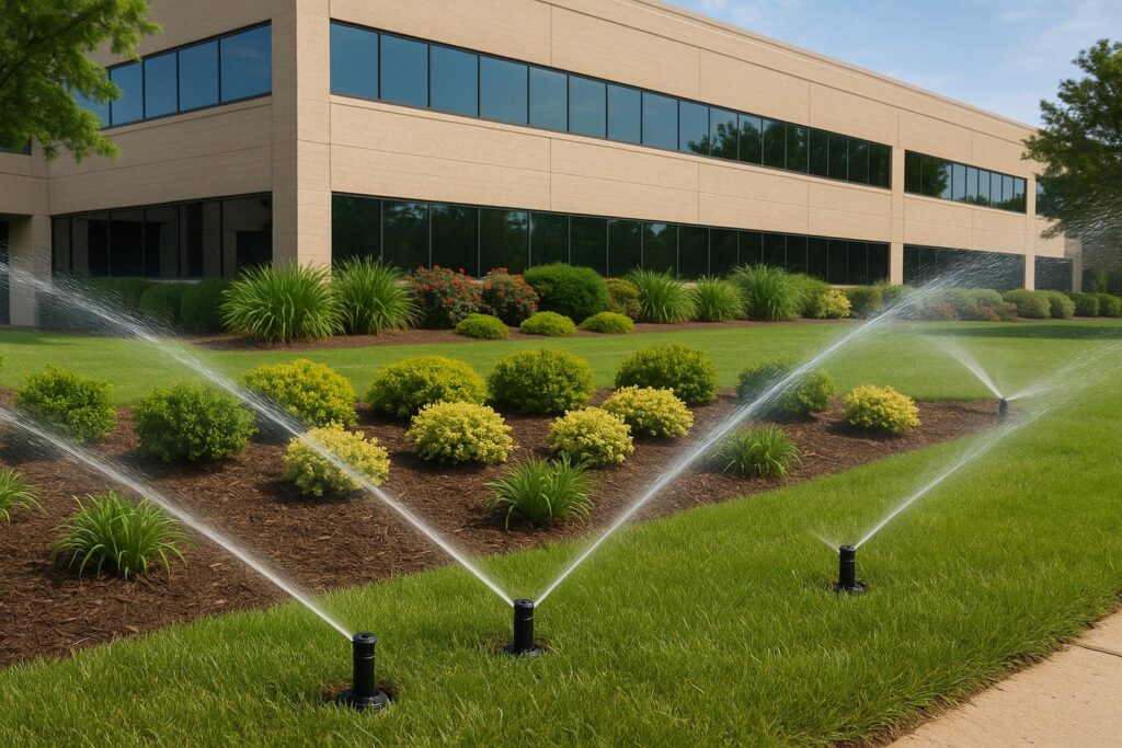 Commercial landscape irrigation system maintaining healthy turf and planting areas.