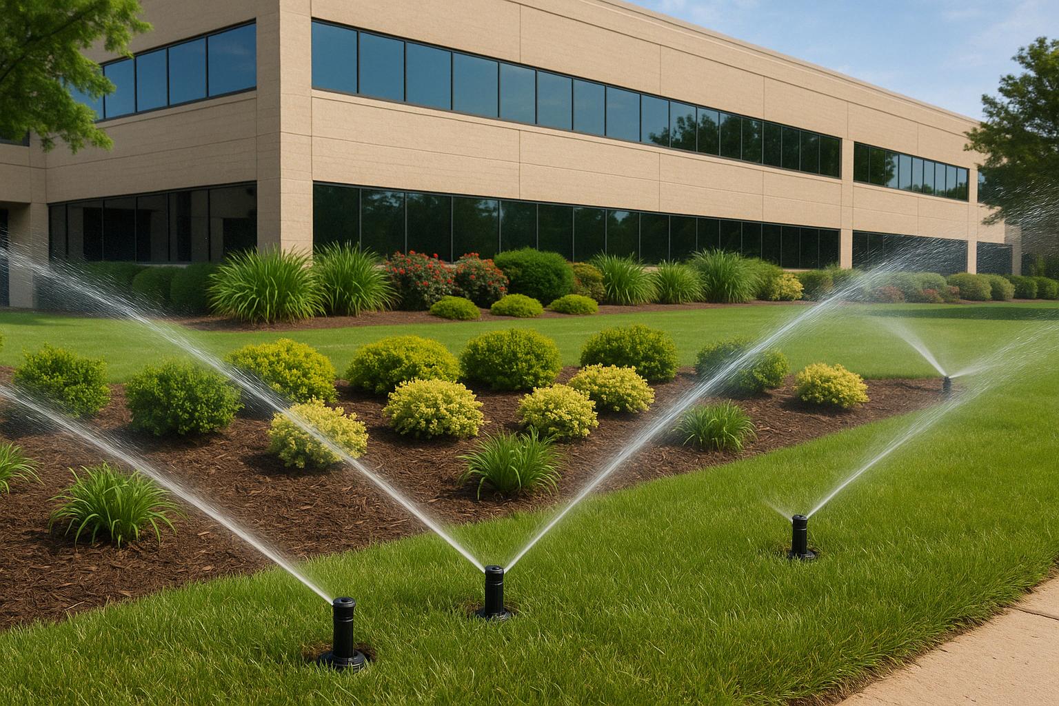 Commercial landscape irrigation system maintaining healthy turf and planting areas.