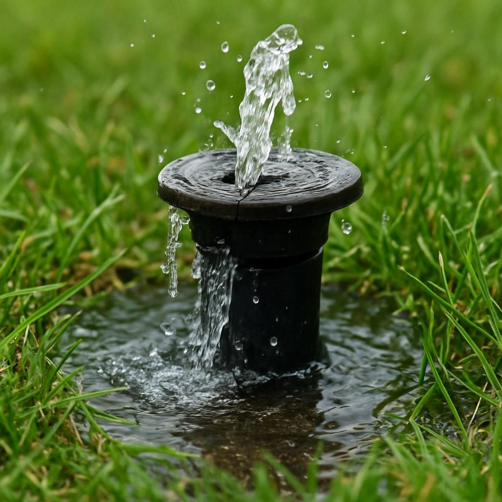 Damaged irrigation sprinkler wasting water in a residential landscape
