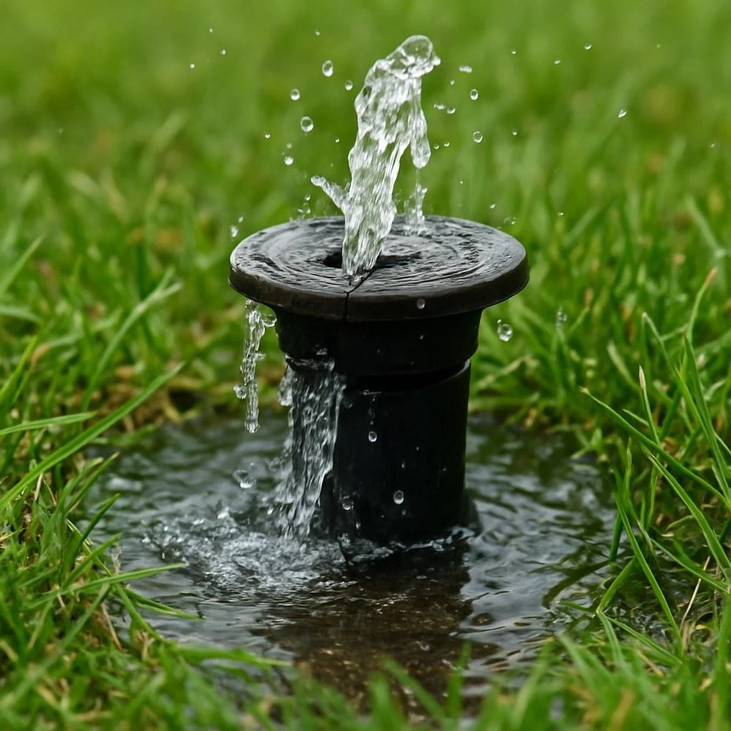 Damaged irrigation sprinkler wasting water in a residential landscape