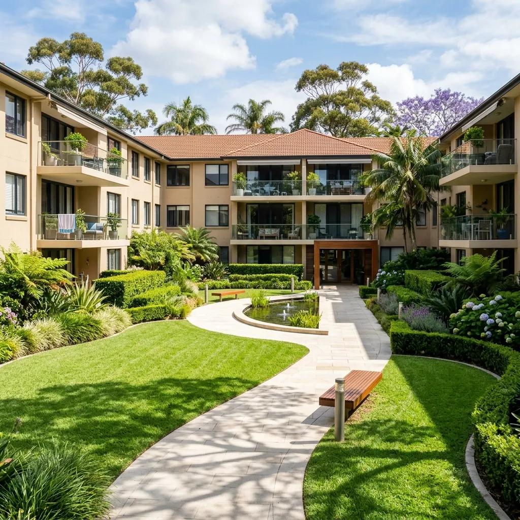 Well-maintained strata community landscaping with a healthy irrigation system