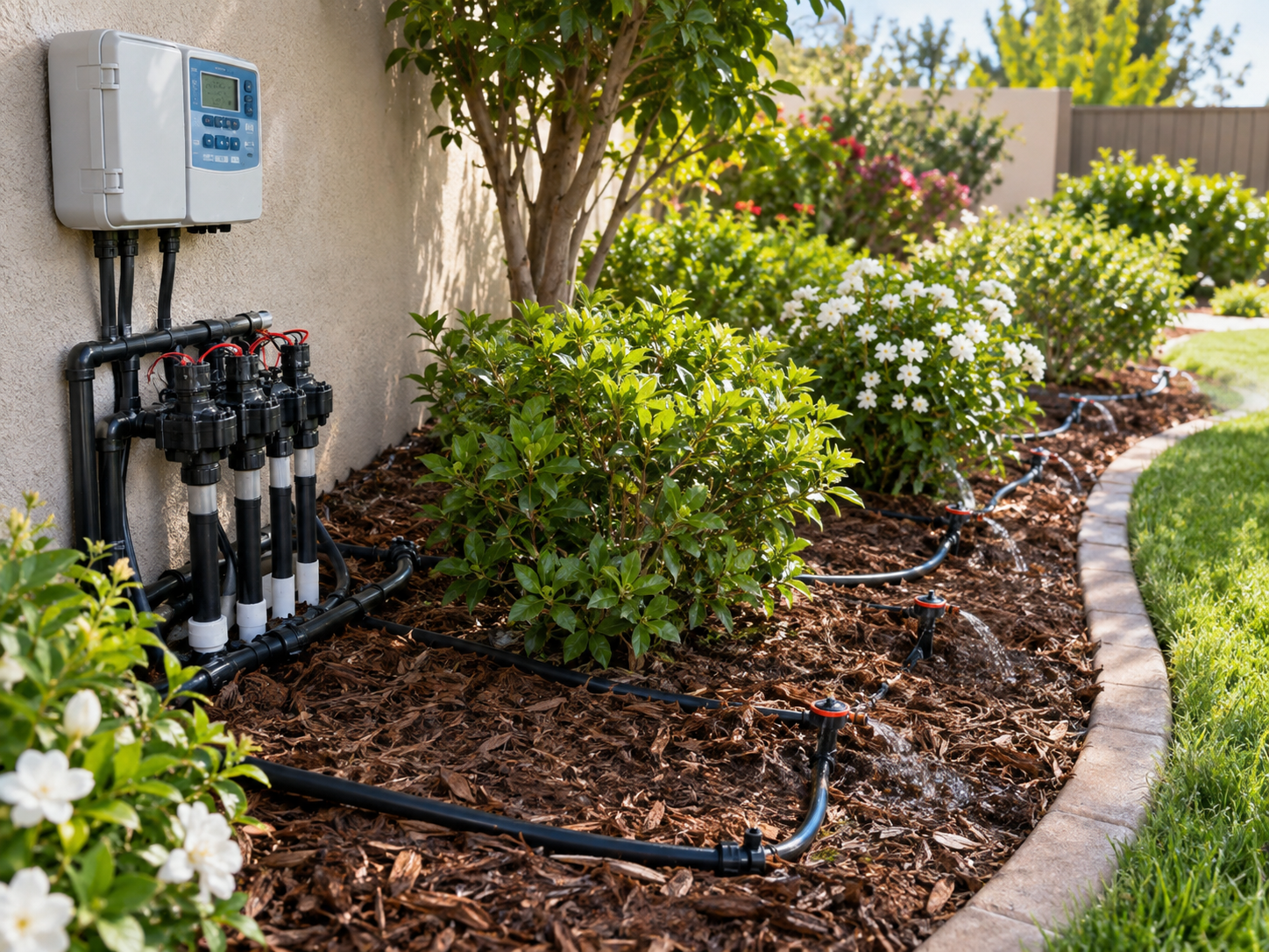 Wall-mounted irrigation controller box and black manifold pipe system connected to drip lines in a garden bed