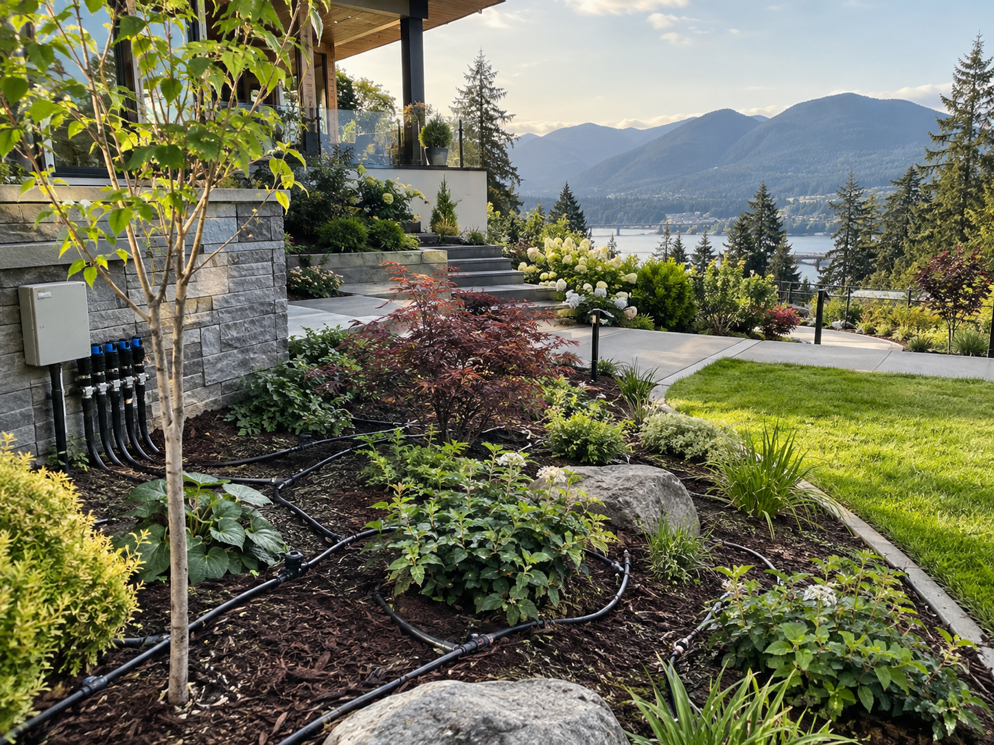 Garden landscaping bed featuring black drip irrigation running through mulch around plants near a scenic mountain view