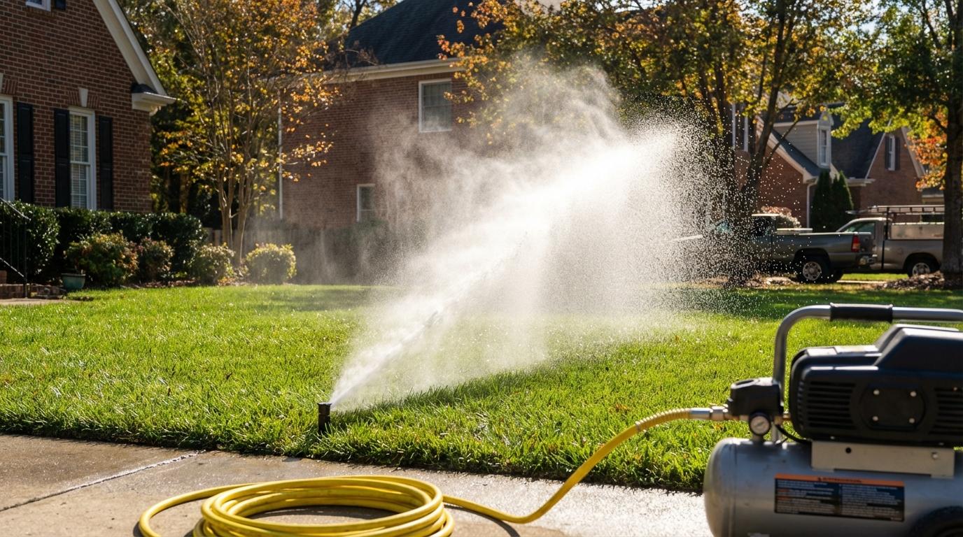 Irrigation blowout removing trapped water from sprinkler lines before winter